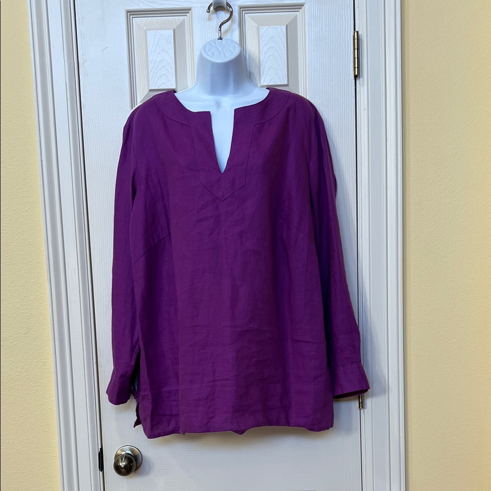 Ralph Lauren Women Violet Linen Split-Neck Tunic Top Sz 1X Quiet Luxury Vacation